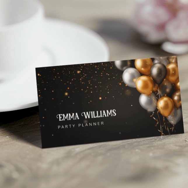 Black and Gold Ballons Party Planer Business Card Visitenkarte (Von Creator hochgeladen)