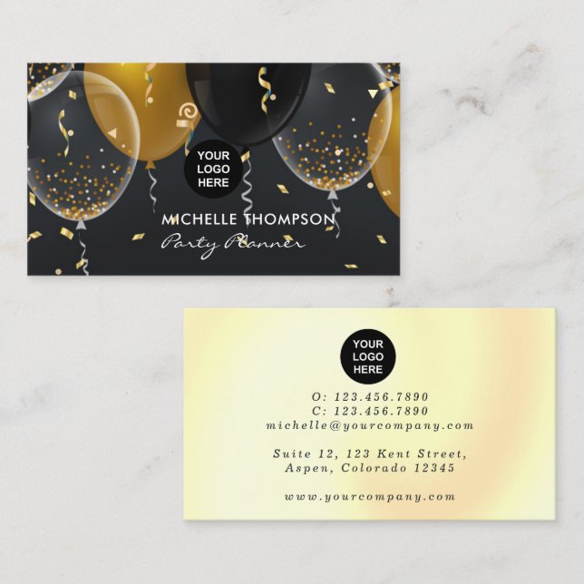 Black and Gold Balloon Party Planer Business Card Visitenkarte (Vorne/Hinten)