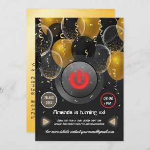 Black and Gold Balloon Virtual Birthday Party Einladung