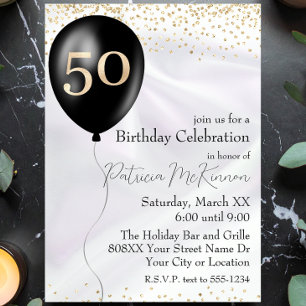 Black and Gold Balloon White Satin 50. Geburtstag Einladung