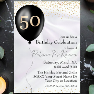 Black and Gold Balloon White Satin 50. Geburtstag Einladung