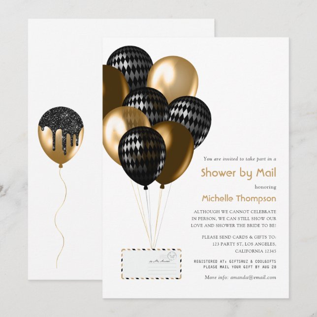 Black and Gold Balloons Brautparty per Mail Einladung (Vorne/Hinten)