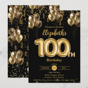 Black and Gold Balloons Confetti 100. Geburtstag Einladung