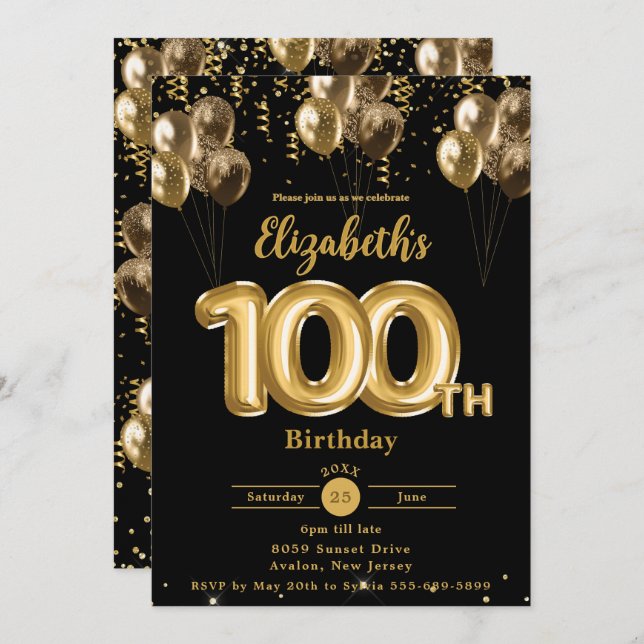 Black and Gold Balloons Confetti 100. Geburtstag Einladung (Vorne/Hinten)
