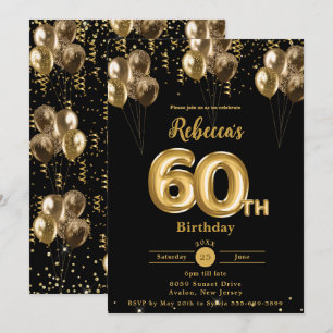 Black and Gold Balloons Confetti 60. Geburtstag Einladung
