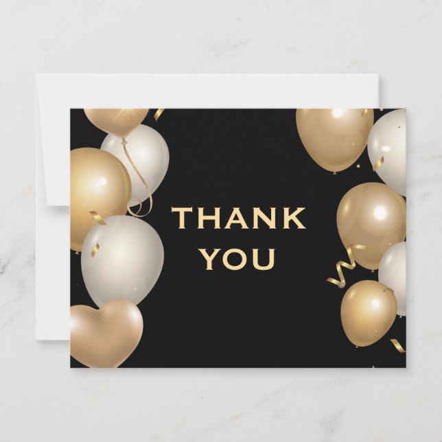 Black and Gold Balloons Confetti Danke Karte (Vorderseite)