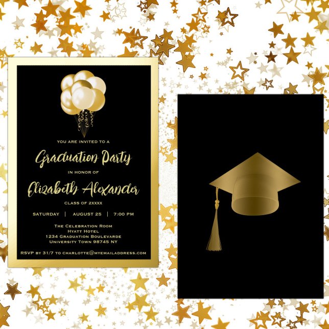 Black and Gold Balloons Graduation Party Folieneinladung (Von Creator hochgeladen)