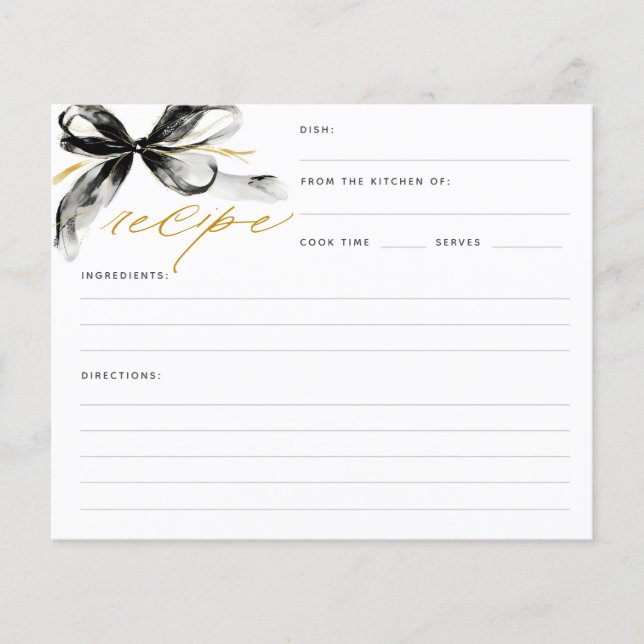 Black and Gold Bow Bridal Shower Recipe Card (Vorderseite)