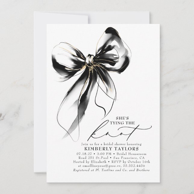 Black and Gold Bow Elegant Whimsical Bridal Shower Einladung (Vorderseite)