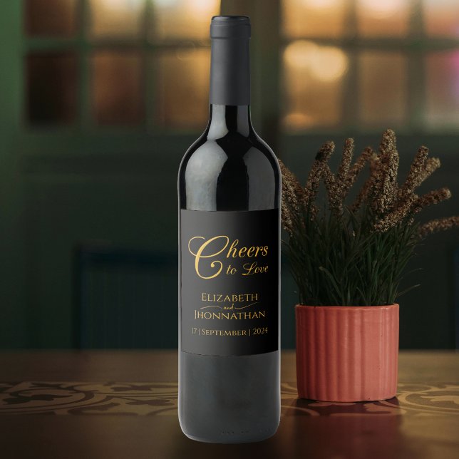 Black and Gold Calligraphy Cheers Names Wedding Weinetikett (Von Creator hochgeladen)