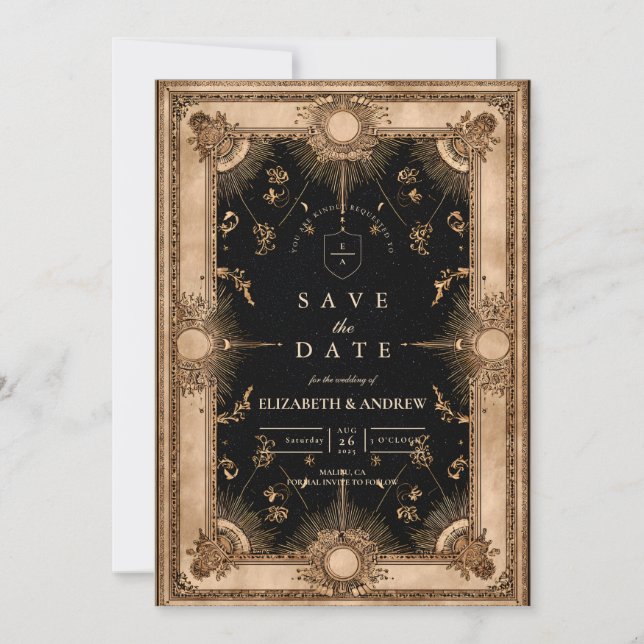 Black and Gold Celestial Baroque Wedding Save The Date (Vorderseite)