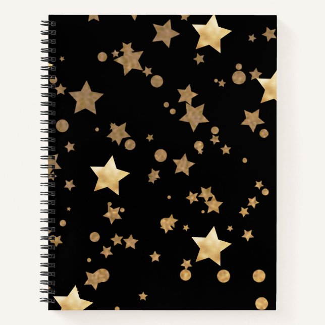 Black and Gold Celestial Stars und Polka Dots Notizbuch (Vorderseite)