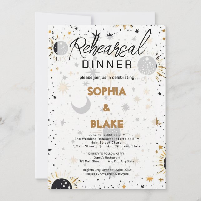Black and Gold Celestial Wedding Probe Dinner Einladung (Vorderseite)