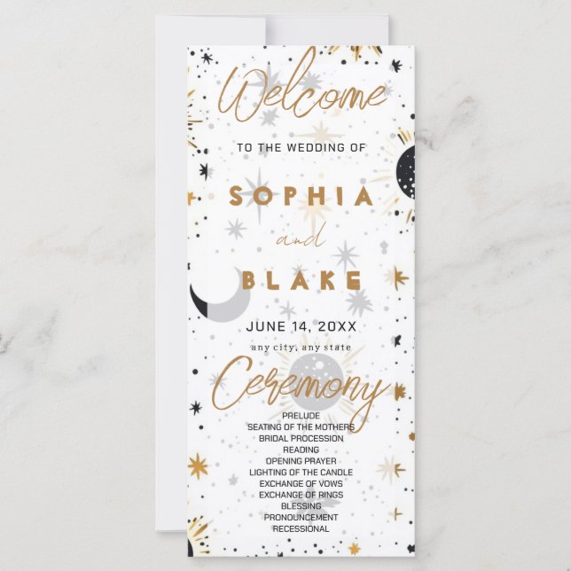 Black and Gold Celestial Wedding Program (Vorderseite)