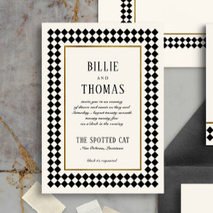 Black and Gold Checkerboard Border Jazz Wedding Postkarte