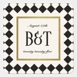 Black and Gold Checkerboard Border Wedding Quadratischer Aufkleber