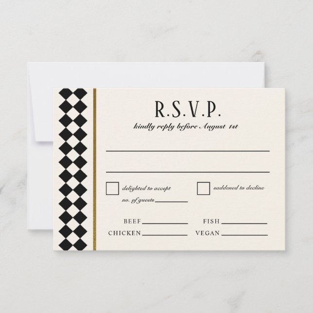 Black and Gold Checkerboard Border Wedding RSVP Karte (Vorderseite)