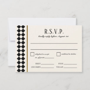Black and Gold Checkerboard Border Wedding RSVP Karte