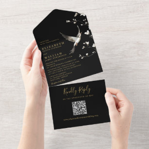 Black and Gold Chinoiserie Floral QR Code Hochzeit All In One Einladung