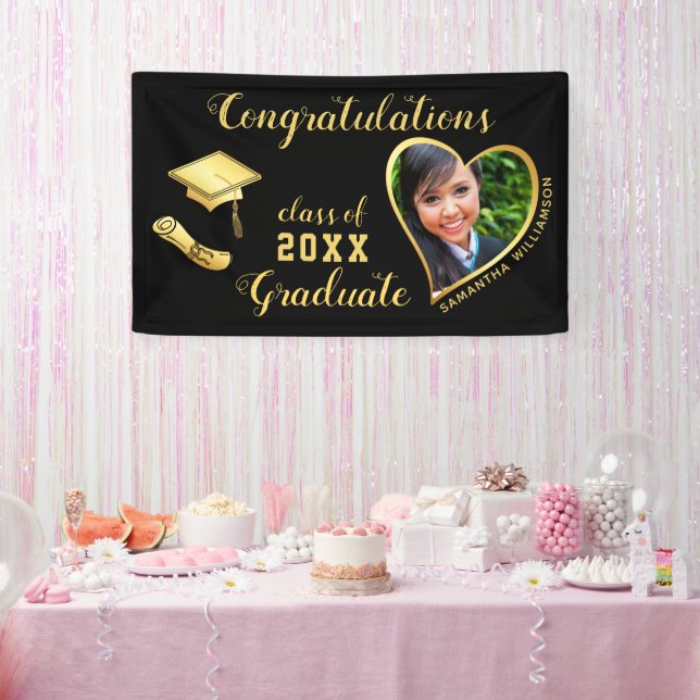 Black and Gold Class 2025 Grad Foto Abschluss Banner (Party)