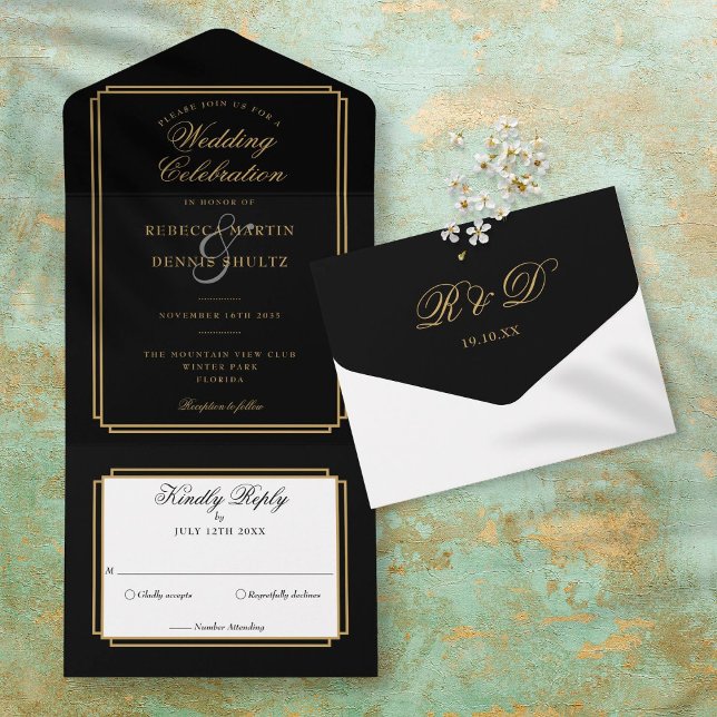 Black and Gold Classic Deko Monogram Wedding All In One Einladung (Black And Gold Classic Deco Monogram Wedding All In One Invitation)