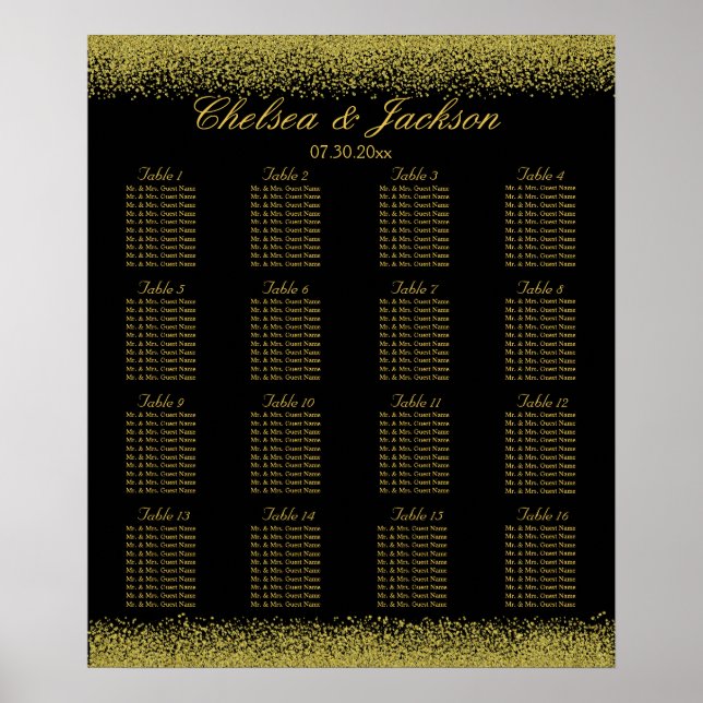 Black and Gold Confetti - 16 Seating Chart Poster (Vorne)