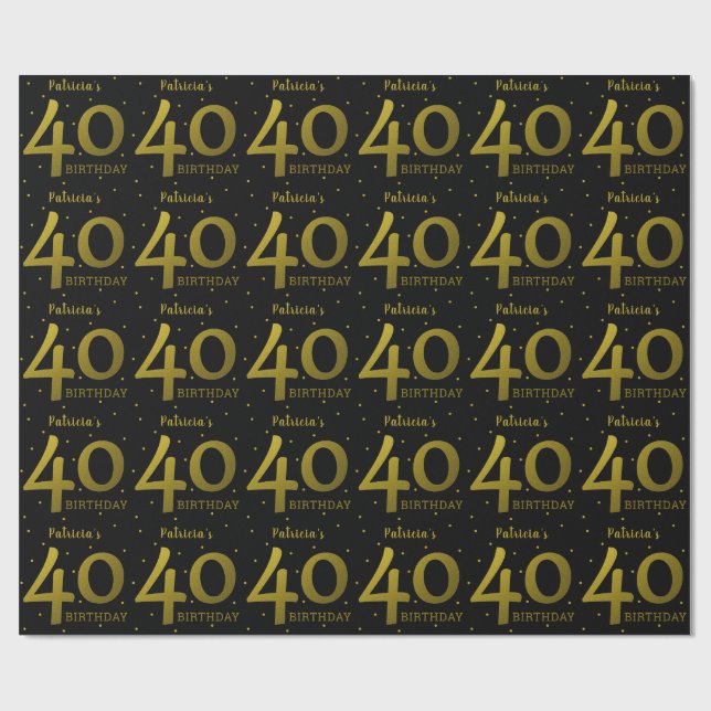 Black and Gold Confetti 40. Geburtstag Geschenkpapier (Flach)
