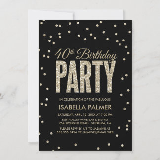 Black and Gold Confetti 40. Geburtstag Party Einladung