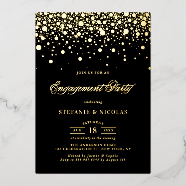 Black and Gold Confetti Dots Engagement Party Folieneinladung (Vorderseite)