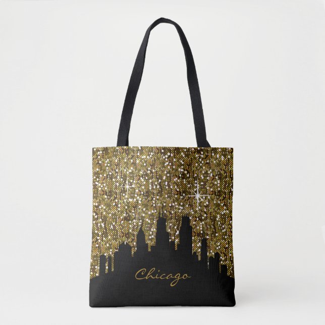 Black and Gold Confetti Glitzer Chicago Skyline (Vorderseite)