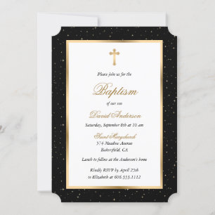 Black and Gold Cross Stars Elegante Script Taufe Einladung