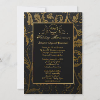 Black and Gold Damask 50. Hochzeitstag Einladung