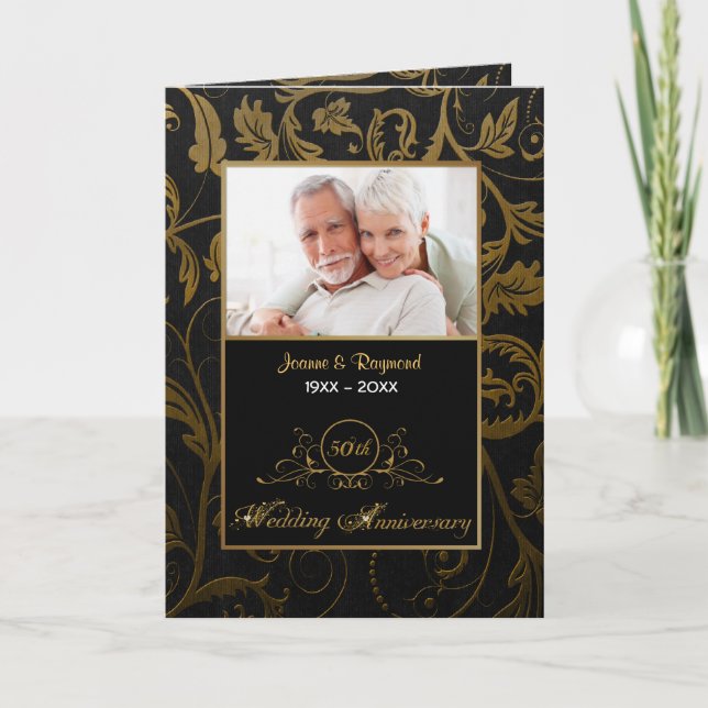 Black and Gold Damask 50. Hochzeitstag Einladung (Vorderseite)