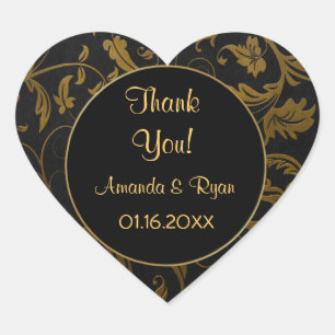 Black and Gold Damask - Danke - Anpassen Herz-Aufkleber