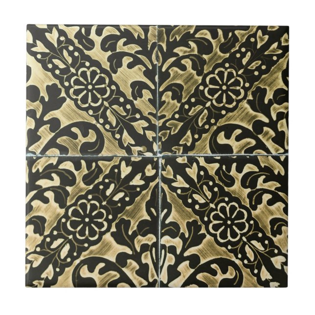 Black and Gold Damask Fliese (Vorderseite)