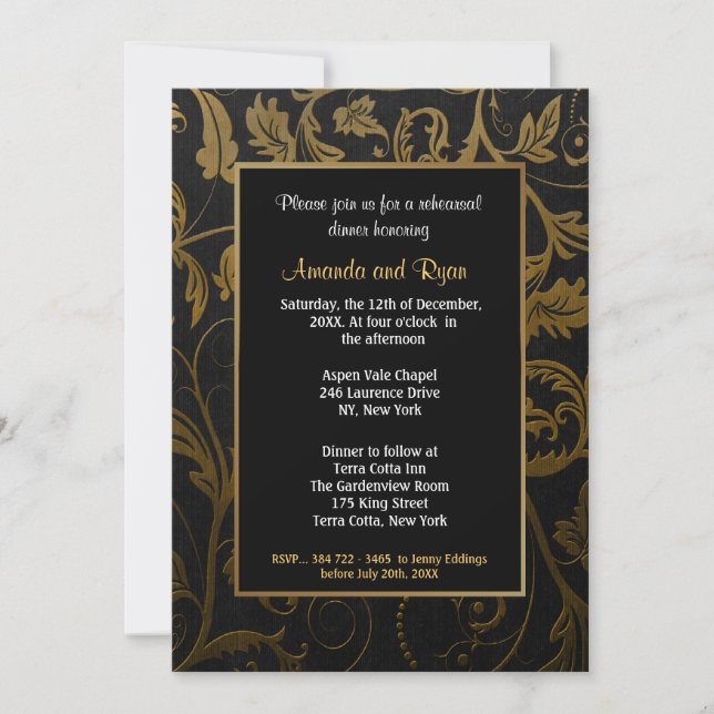 Black and Gold Damask Probe Dinner Einladung (Vorderseite)