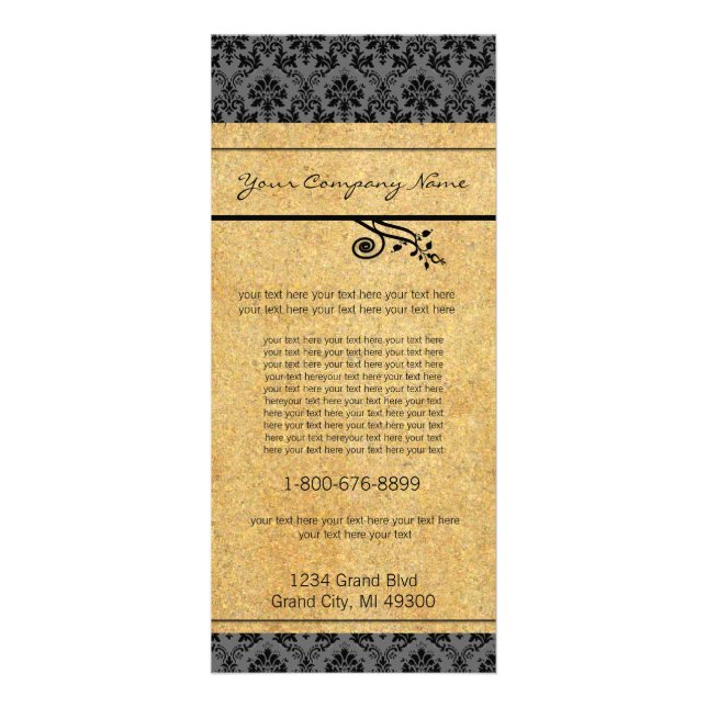 Black and Gold Damask Rack Card Werbekarte (Vorne)