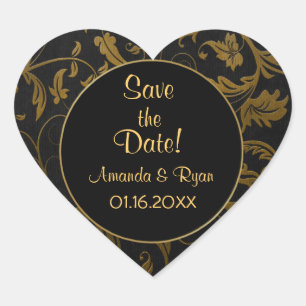 Black and Gold Damask - Save the Date - Anpassen Herz-Aufkleber
