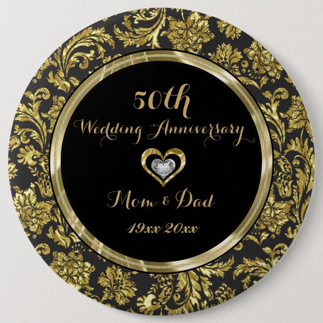 Black and Gold Damaskus 50. Hochzeitstag 2 Button (Vorderseite)