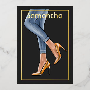 Black and Gold Denim Frau Birthday Party Foil Inv Folieneinladung