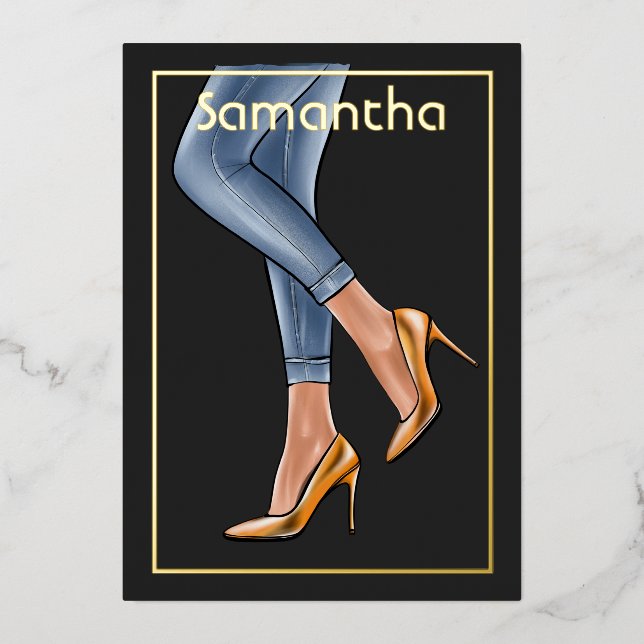 Black and Gold Denim Frau Birthday Party Foil Inv Folieneinladung (Vorderseite)