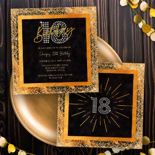Black and Gold Diamond Glitzer 18. Geburtstagspart Einladung