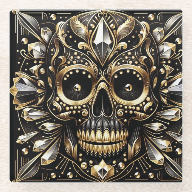 Black and Gold Diamond Skull Untersetzer (Vorderseite)