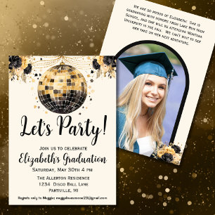 Black and Gold Disco Ball Foto Graduation Party Einladung