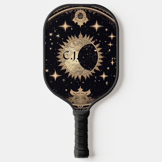 Black and Gold Eerie Gothic Sun Moon Monogram Pickleball Schläger (Vorderseite)