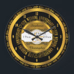 Black and Gold Elegant 15. Hochzeitstag Große Wanduhr<br><div class="desc">Ein Leben voller Engagement verdient die Qualität eines individuellen Geschenks. Lass dem wichtigen Paar,  wie viel sie euch mit unserem original schwarz-goldfarbenen Ton 15. Jubiläumsdesign inspiriert haben. Personalisieren Sie mit Namen,  Hochzeitsdatum und Jubiläumsdatum. Original Design erstellt von Holiday Hearts Designs.</div>