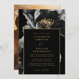 Black and Gold Elegante Chic Floral Foto Hochzeit Einladung