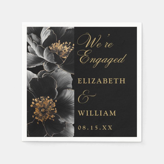 Black and Gold Elegante Floral Engagement Party Serviette (Vorderseite)