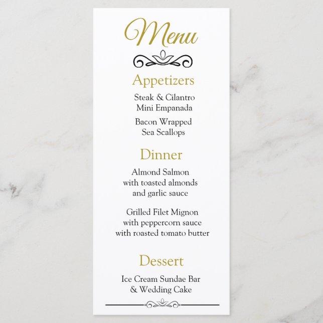 Black and Gold Elegante Wedding Menu Card Menükarte (Vorderseite)