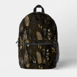 Black and Gold Feather Printed Backpack Bedruckter Rucksack